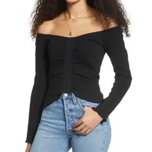 BP. Off the Shoulder Smocked Top Long Sleeve |  Small | Black